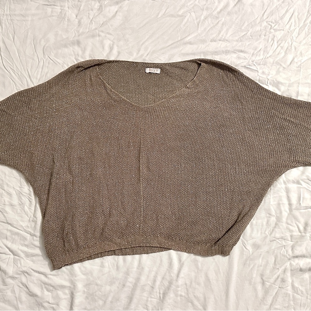 Sparkly taupe sweater, lightweight. Perfect for a holiday party.
